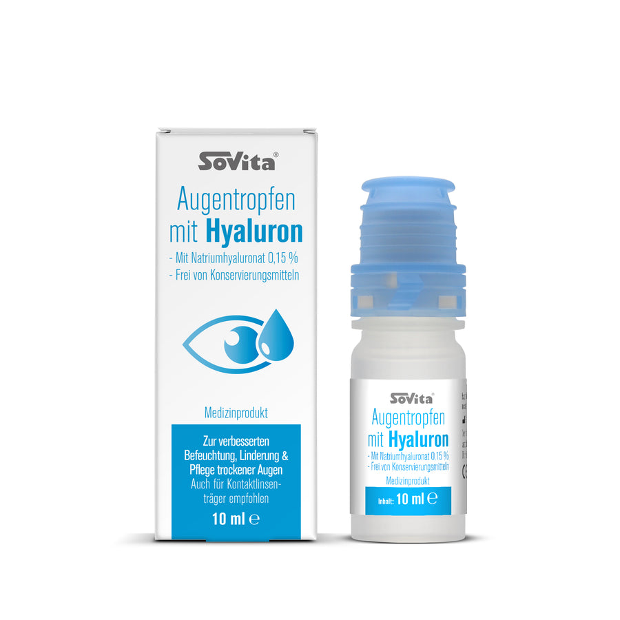 Sovita Augentropfen mit Hyaluron – Verpackung und Fläschchen mit Dosiersystem nebeneinander, 10 ml Medizinprodukt.