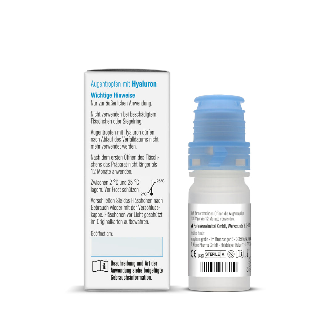 Sovita Augentropfen mit Hyaluron – Rückseite der Verpackung mit Beschreibung der Anwendung bei mechanischer Belastung, Umweltstress und strapazierten Augen.