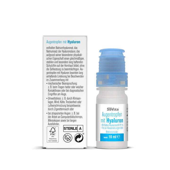 Sovita Augentropfen mit Hyaluron – Verpackungsrückseite mit Lagerhinweisen, Haltbarkeit nach Öffnung und Anwendungsinfo.