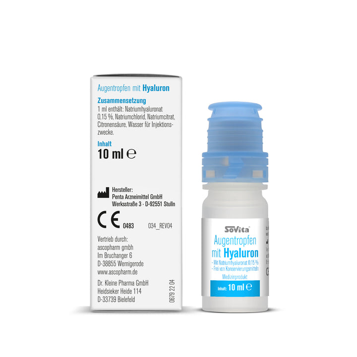 Sovita Augentropfen mit Hyaluron – Zusammensetzung, Herstelleradresse und CE-Kennzeichnung auf Verpackung.