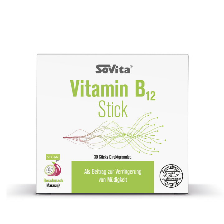 Sovita Vitamin B12 Stick, Frontalansicht der Verpackung mit Angabe: Als Beitrag zur Verringerung von Müdigkeit.