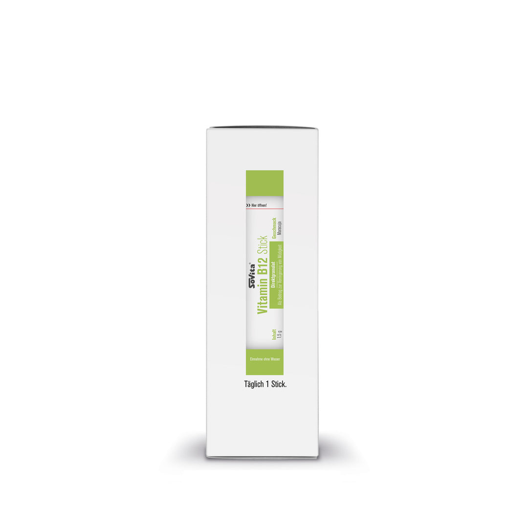 Sovita Vitamin B12 Stick, Verpackungsseite mit Sichtfenster und abgebildetem Stick.