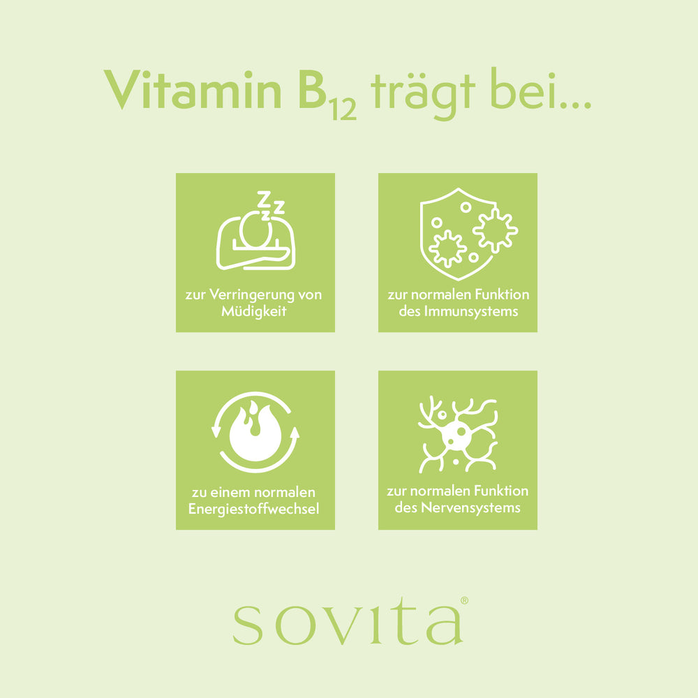Grafik mit vier Icons zur Wirkung von Vitamin B12: Verringerung von Müdigkeit, normale Funktion von Immunsystem, Energiestoffwechsel und Nervensystem.