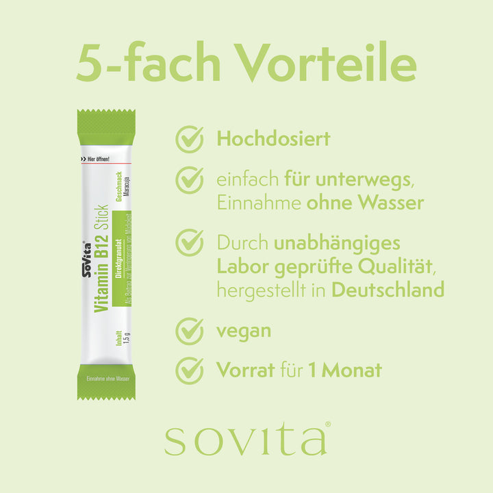 Sovita Vitamin B12 Stick mit Text: hochdosiert, einfach für unterwegs, geprüfte Qualität, vegan, Vorrat für 1 Monat.
