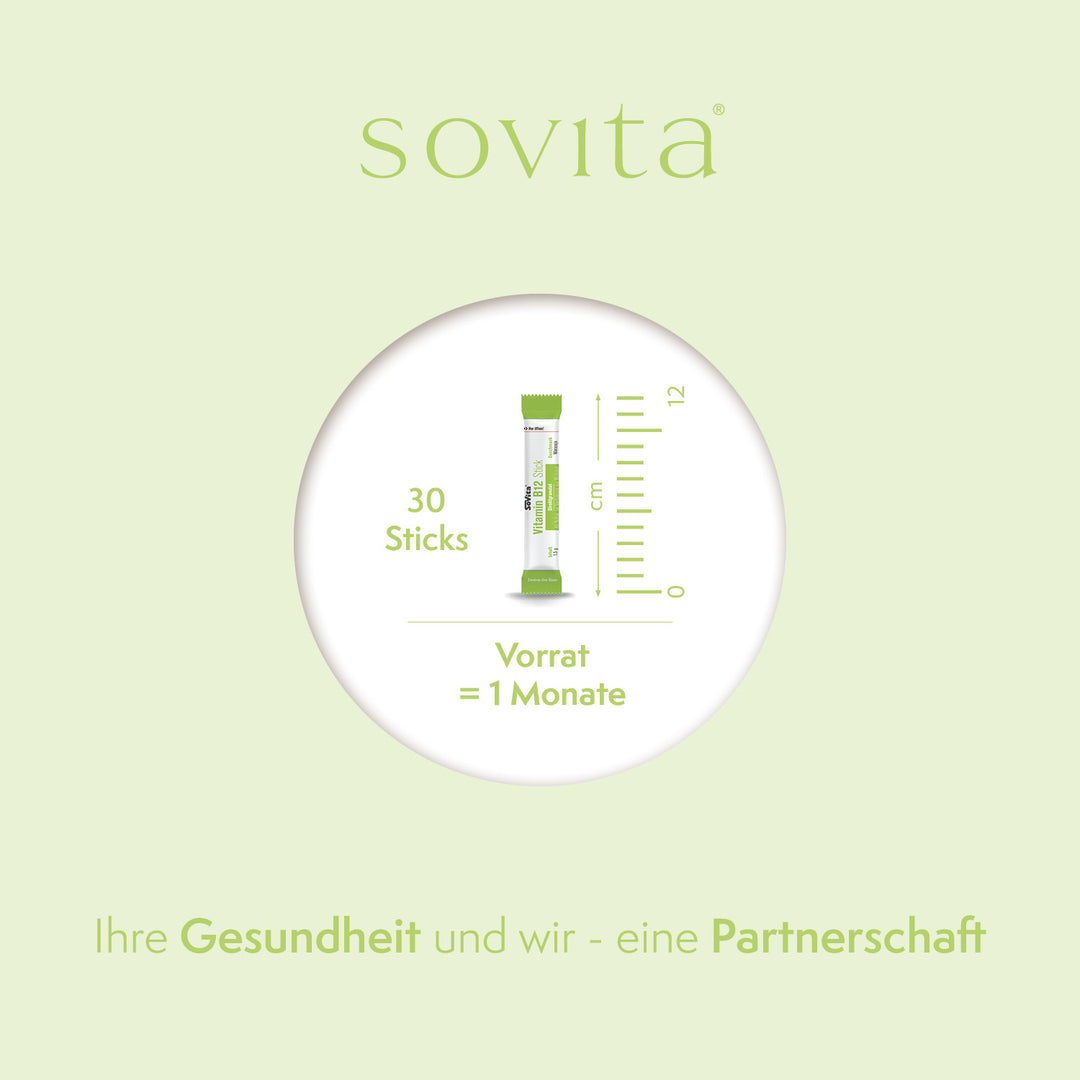 Einzelner sovita Vitamin B12 Stick mit Maßskala, Angabe: 30 Sticks, Vorrat = 1 Monat.