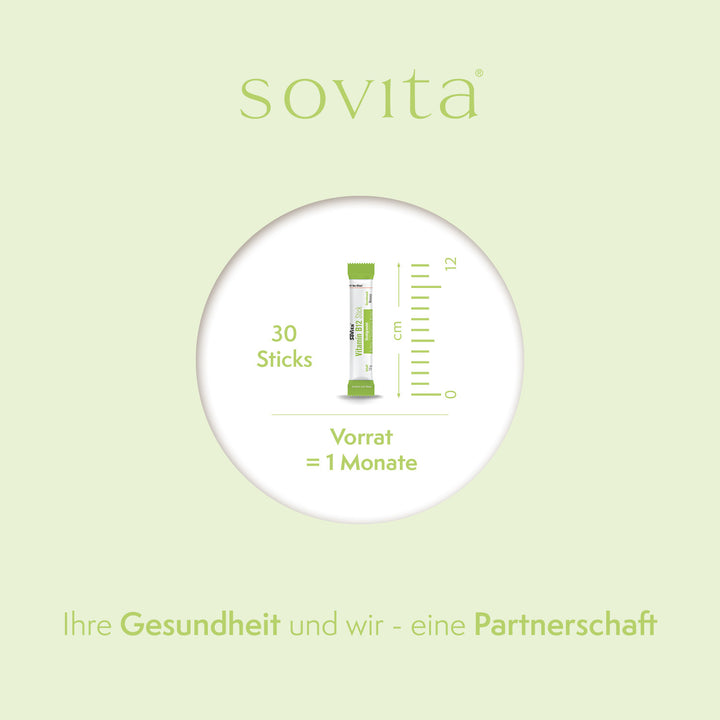 Einzelner sovita Vitamin B12 Stick mit Maßskala, Angabe: 30 Sticks, Vorrat = 1 Monat.