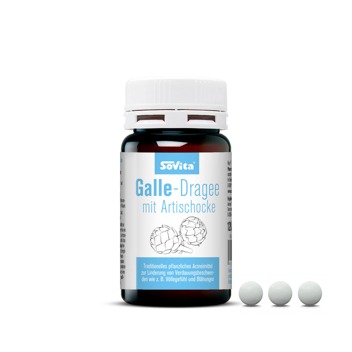 Sovita Galle-Dragee mit Artischocke, Kunststoffdose in Braunglas-Optik mit drei weißen Dragees rechts daneben.