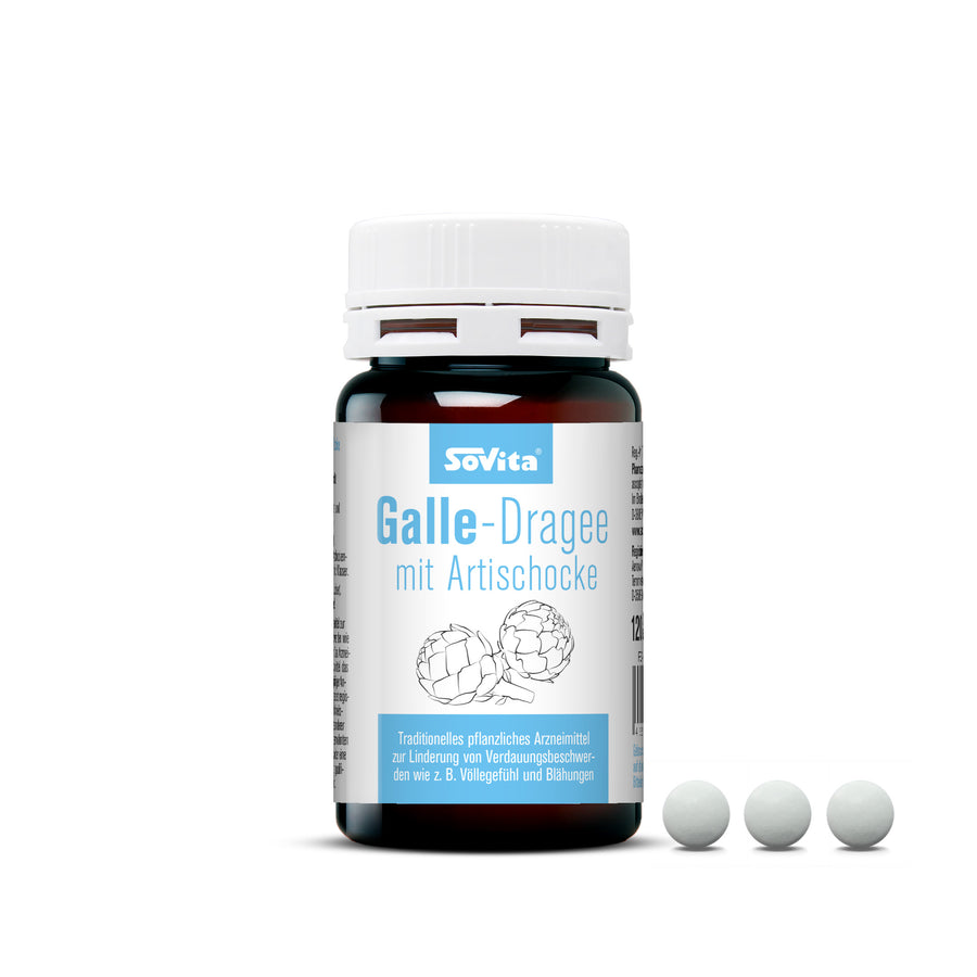 Sovita Galle-Dragee mit Artischocke, Kunststoffdose in Braunglas-Optik mit drei weißen Dragees rechts daneben.